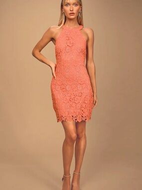 Lulu's Coral Lace Halter Mini Dress